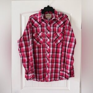 Wrangler Western Pearl Snap Long Sleeve‎ Shirt Mens Size XL Red Plaid Cowboy
